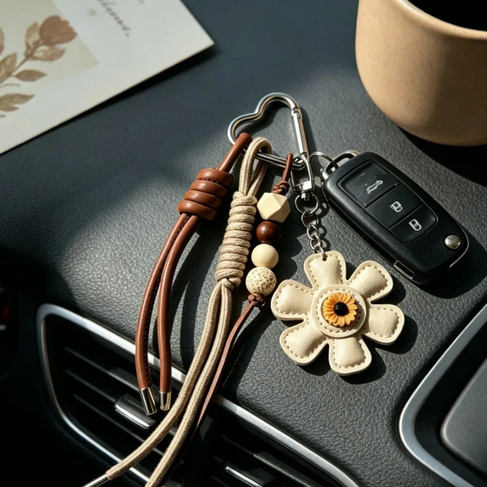 Llavero de Bolsas con Flor de Cuero, Cordón Trenzado y Cuentas de Madera