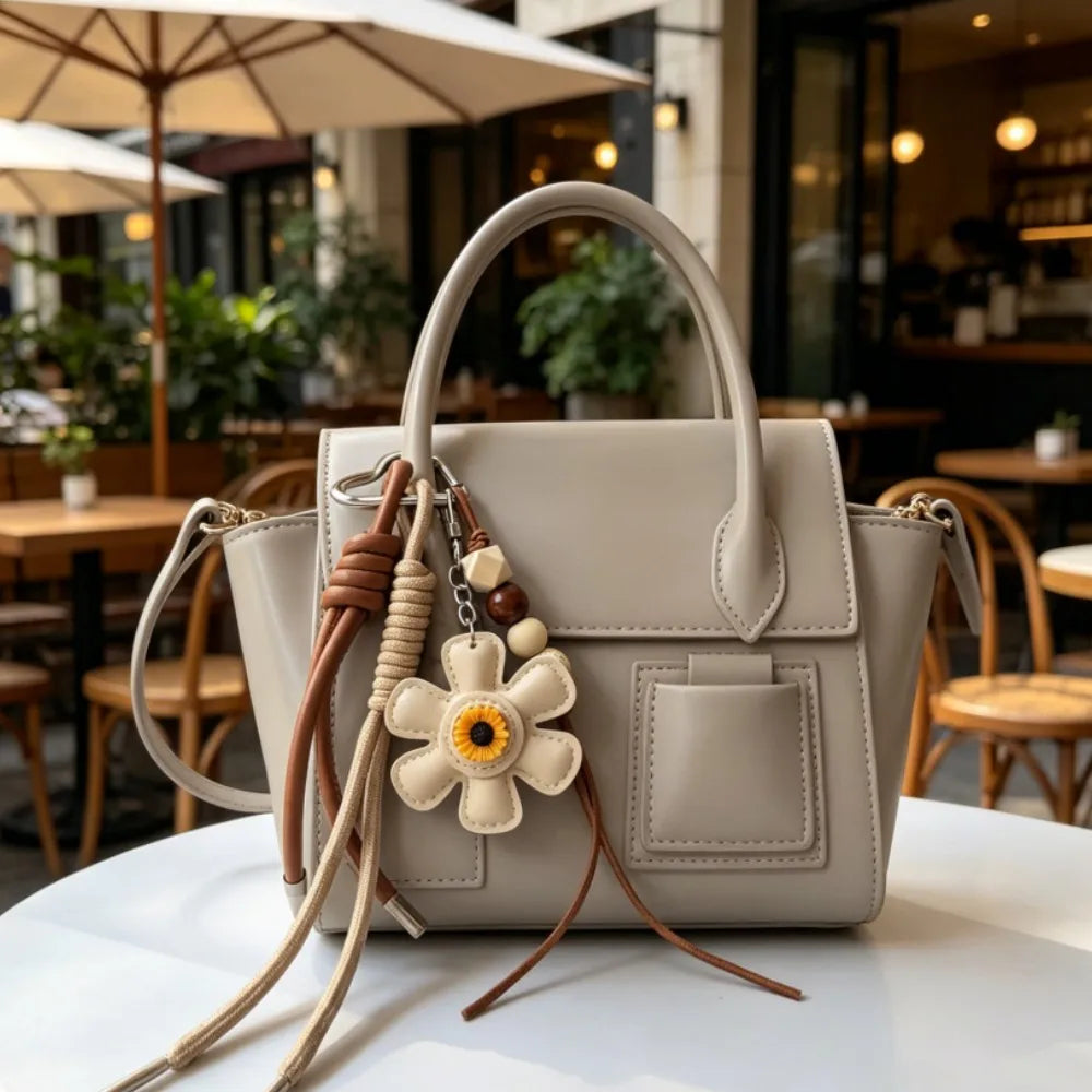 Llavero de Bolsas con Flor de Cuero, Cordón Trenzado y Cuentas de Madera